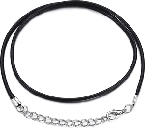 Detail of 2mm black waxed cord necklace with silver lobster clasp and extension chain