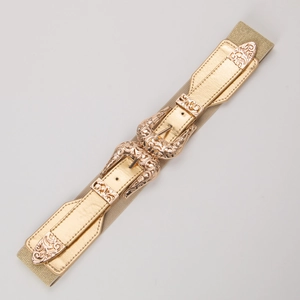 Vintage carved double buckle elastic waist belt for women in champagne gold finish