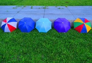 Multiple color options for hands-free fishing umbrellas shown on a green lawn background