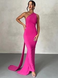 Slim fit bright pink one-shoulder dress with long elegant train and ruched cutouts