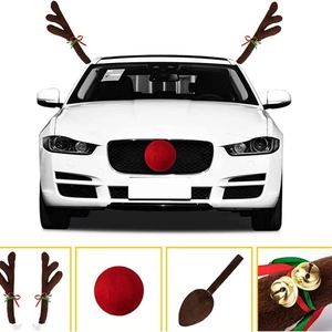 Christmas car reindeer antlers set with brown plush antlers and a red nose ornament