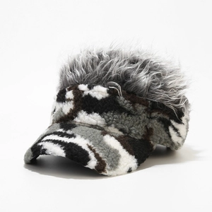Macro detail of camouflage baseball cap featuring thick faux fur wig and fleece texture