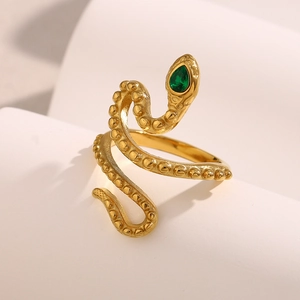 Adjustable 18K gold snake ring with a pear-cut green gemstone and textured serpent body