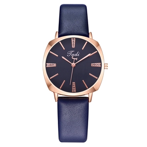 Elegant women's square quartz watch with navy blue leather strap and rose gold rhinestone dial