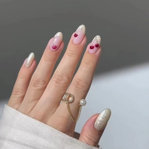 French Tip Press On Nails Satin Texture Cherry Pattern Artificial Pearl White Oval Long False Nails For Women