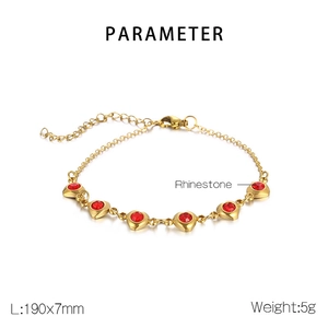 Detail view of gold stainless steel bracelet with red rhinestones and 190x7mm dimensions