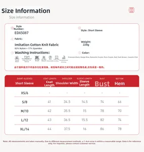 Size chart for women slim yoga t-shirt with fabric details and washing instructions