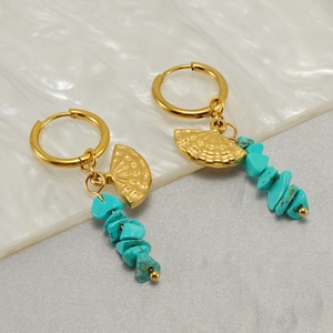 Elegant gold titanium steel hoop earrings featuring turquoise beads and fan charms