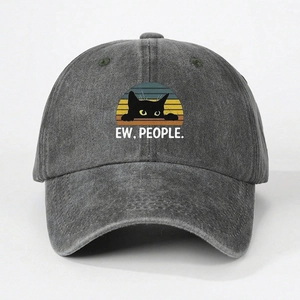 Close-up of charcoal grey washed baseball cap with black cat print and Ew People text