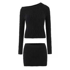 Women Cable Knit Off Shoulder Sweater And Mini Skirt Polyester Blended Long Sleeve Slim Fit Streetwear Casual Clothing