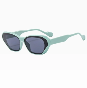 Detail view of mint green geometric cat-eye sunglasses with dark grey lenses