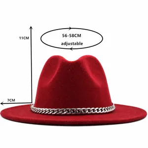 Classic wine red wide brim wool felt fedora hat with silver chain and adjustable band