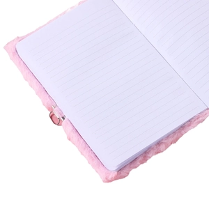 Pink plush notebook set with heart lock and key shown from a 45-degree angle view