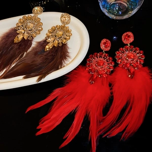 Vue détaillée de longues boucles d'oreilles ethniques avec plumes et strass brillants