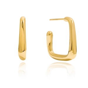 Close-up of gold square C-shaped hoop earrings with polished stainless steel surface