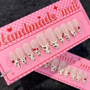 Handmade French Leopard Print Press On Nails 3D Cherry Rhinestone Almond Shaped False Nails For Women Daily Manicure Art