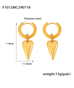 Detail view of 18k gold plated heart earrings with size and weight measurements