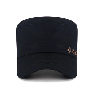 Classic black cotton military flat top cap with three vintage bronze side buttons