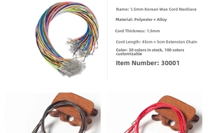 Close-up of 1.5mm waxed cord necklaces with alloy lobster clasps in various colors
