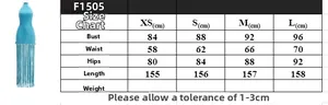 Detailed size chart for the blue velvet halter dress showing XS to L measurements in cm