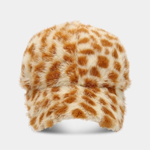 Fashionable brown animal print plush baseball cap with fluffy faux fur texture for women