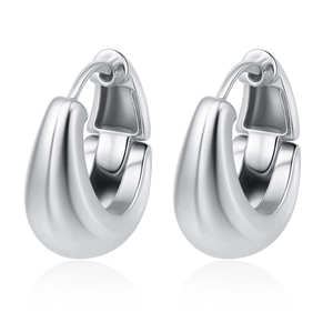 Minimalist U-shaped stainless steel hoop earrings with polished silver finish on white background