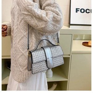 Detailed view of silver woven texture handbag with sleek leather strap and gold hardware