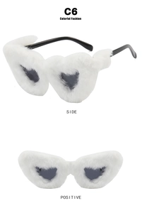 Detailed views of white fuzzy heart-shaped sunglasses with dark grey UV protective lenses