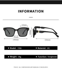 Sunglasses size chart showing 63mm lens width, 54mm frame height, and PC material specs