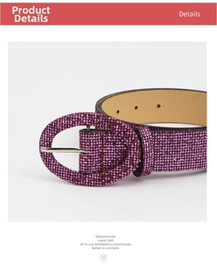 Detail of glittery pink PU leather belt with rhinestone-encrusted oval buckle and back texture