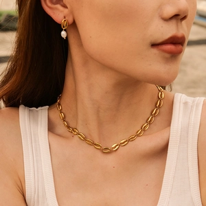 18k gold plated stainless steel shell necklace and pearl earrings set for women