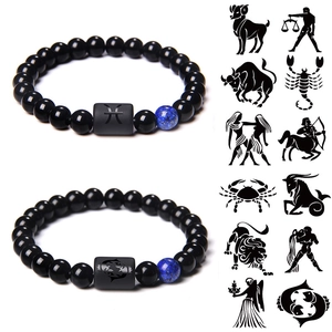 Agate Stone Beaded Bracelet Zodiac Constellation Sign Vintage Elastic Hand Jewelry Unisex Gift