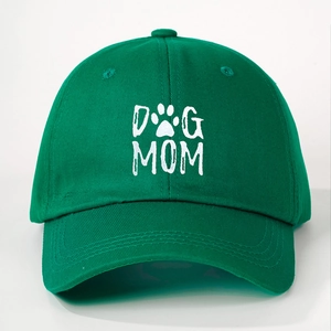 Classic forest green cotton baseball cap featuring white DOG MOM print and paw icon