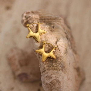 Macro shot of gold star-shaped earrings placed on a natural stone with polished finish