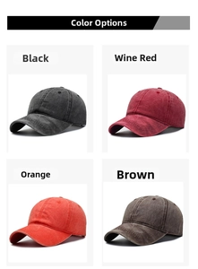 Detailed view of washed cotton baseball caps in black, wine red, orange and brown
