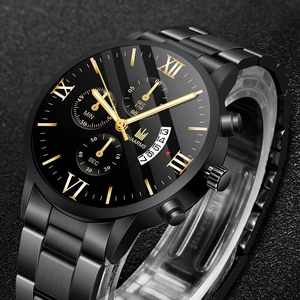 Detail of SHAARMS business watch with black stainless steel strap and roman numerals