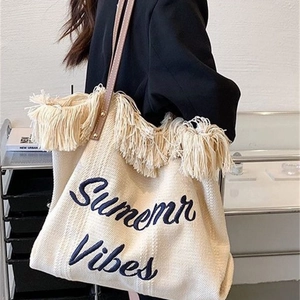 Women Canvas Tote Bag With Fringe Summer Vibes Embroidery Large Capacity Beach Shoulder Bag Faux Leather Handle Casual