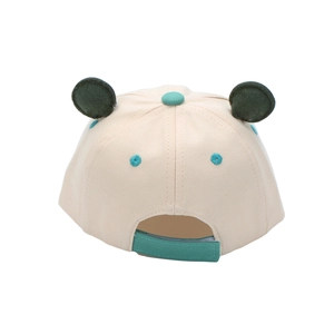Cute beige cartoon frog baby baseball cap with 3D green ears and adjustable strap back