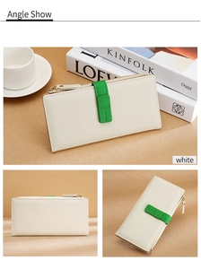 Detail of white long wallet with green clasp, lychee texture, and gold zipper in multi-angle view