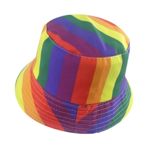 Detailed view of colorful rainbow striped pattern on a reversible bucket hat for sun protection