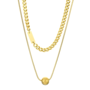 Collier double épaisseur en titane doré avec chaîne cubaine, plaque et pendentif perle