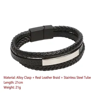 Handmade woven black leather bracelet for men with stainless steel bar and magnetic clasp