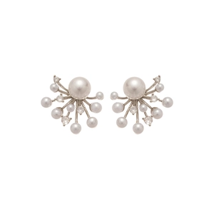 Elegant silver fireworks pearl stud earrings with radial zircon design for women