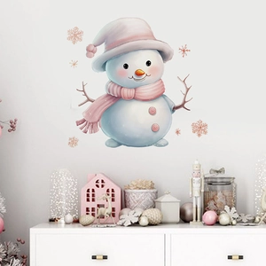 Detailed view of cartoon snowman wall stickers with pink scarf and festive snowflake decals