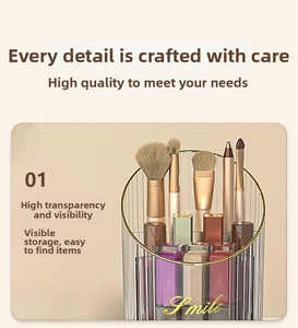 Macro detail of acrylic makeup brush holder with gold rim and ribbed texture