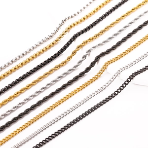 Assorted stainless steel rope, box, and curb chains in gold, silver, and black finishes