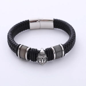 Bracciale In Pelle Intrecciata Da Uomo Con Ciondolo Testa Di Buddha Chiusura Magnetica In Acciaio Inossidabile 316L Punk Etnico