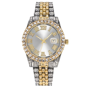 Luxury quartz watch for men with rhinestones, gold-silver dual tone and date display