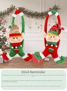 Close-up of plush red and green Christmas elf ornaments hanging in a festive room setting