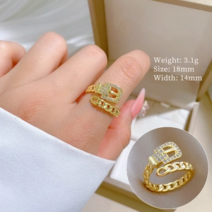 Belt Buckle Adjustable Ring Gold Plated Brass Cubic Zirconia Chain Link Design Elegant Chic Jewelry For Women